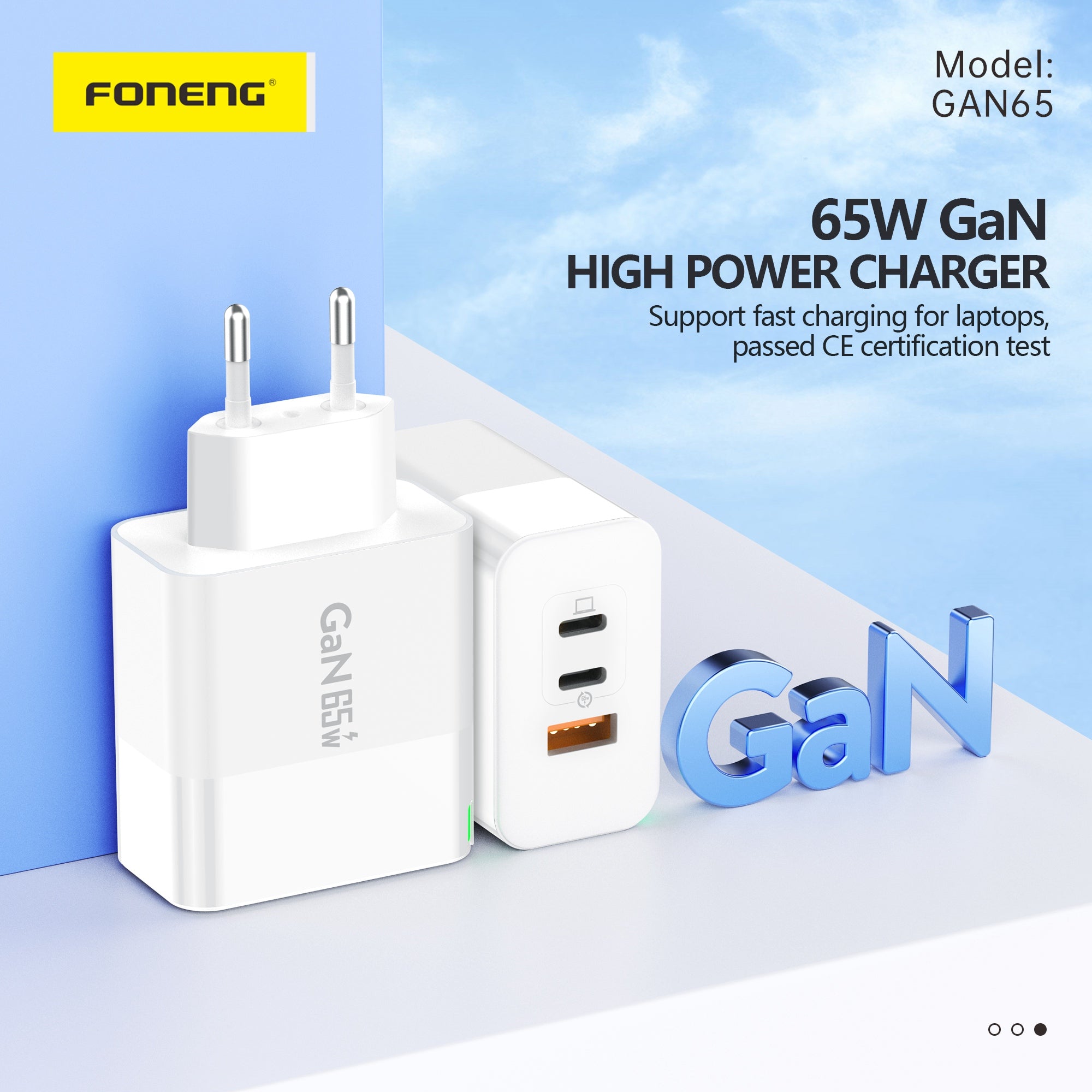 Chargeur GaN 3 ports GAN65 A+C+C (65 W) (TYPE-C)