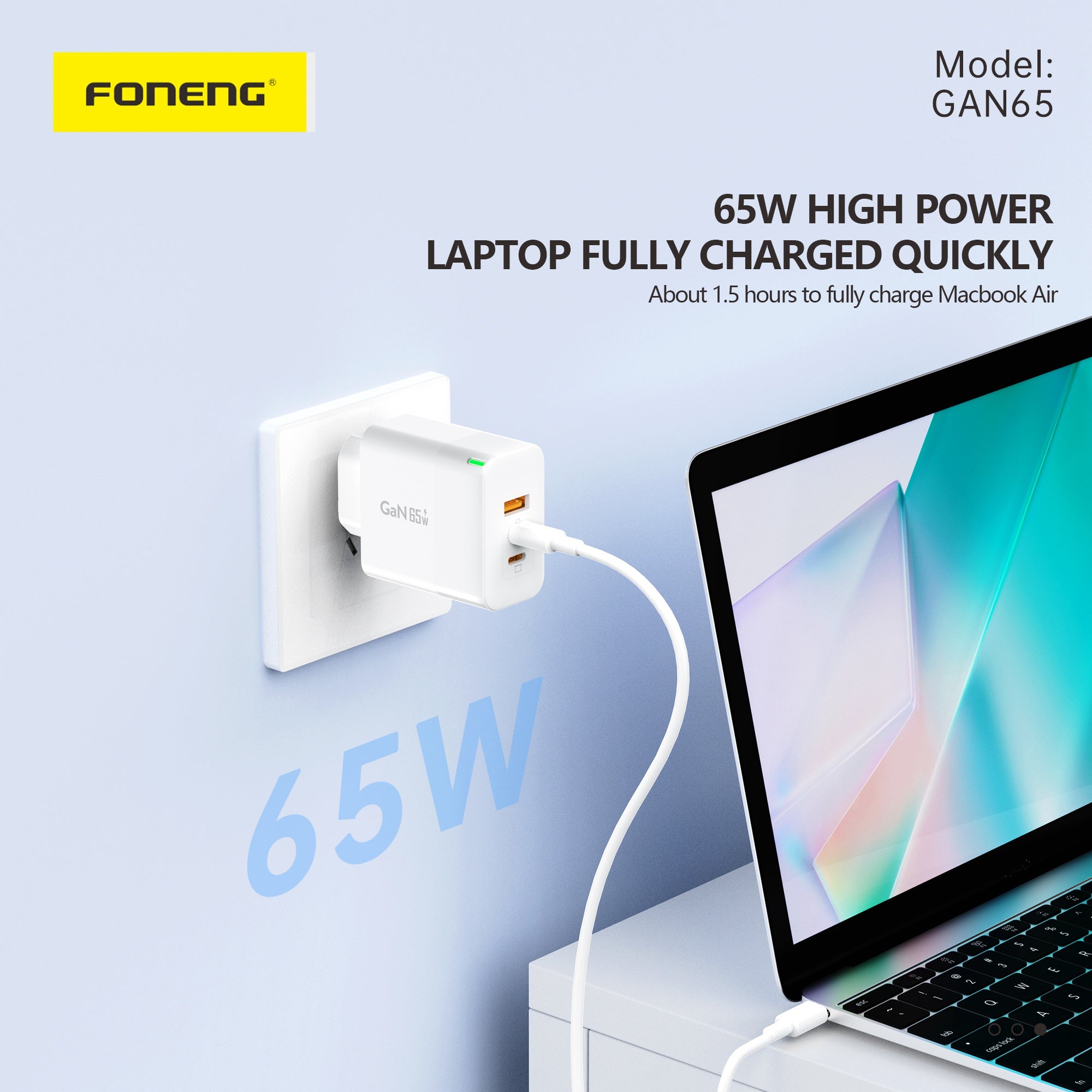 Chargeur GaN 3 ports GAN65 A+C+C (65 W) (TYPE-C)