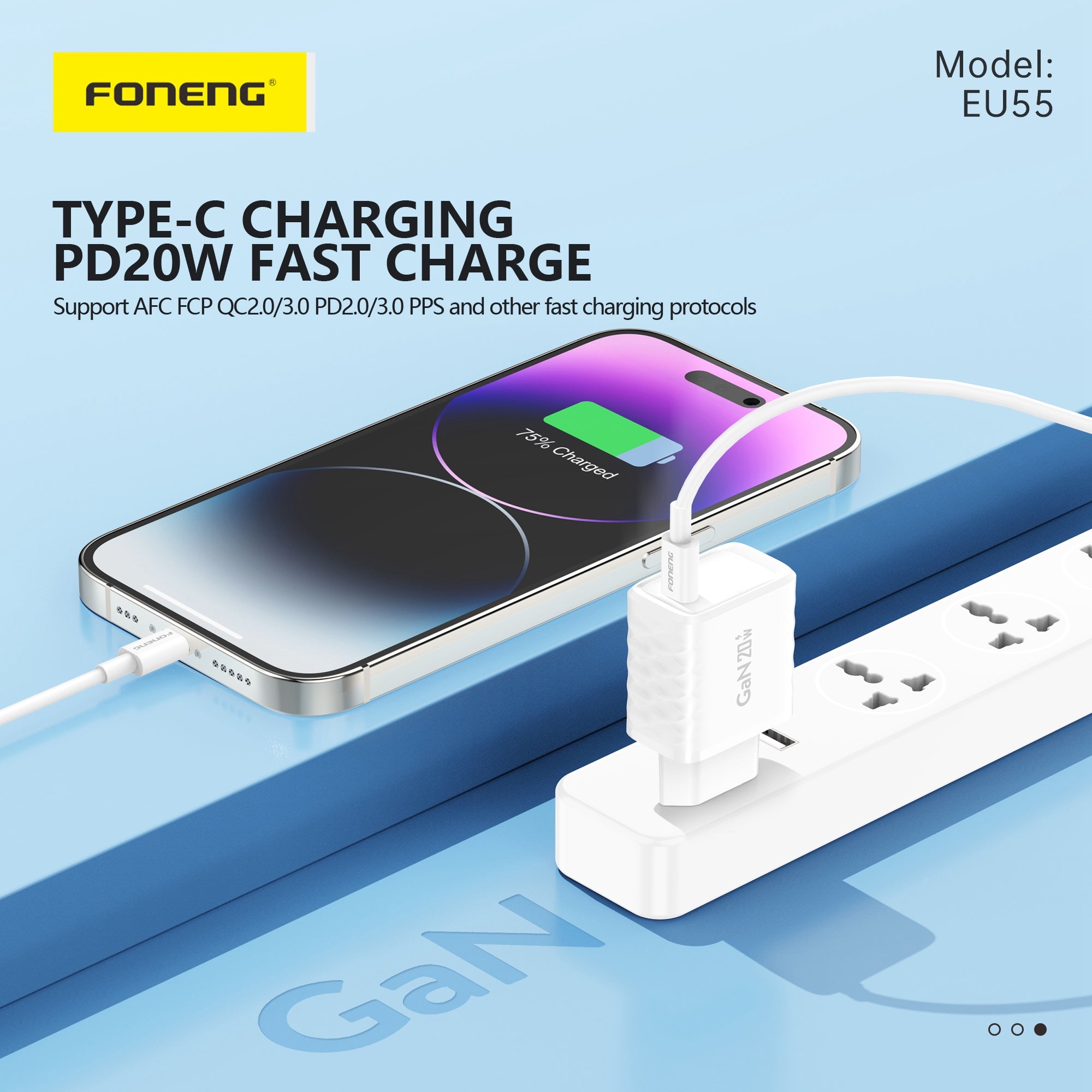 Chargeur GaN USB-C EU55 (PD20W)(Tc To/ Ip/ Tc To Tc)