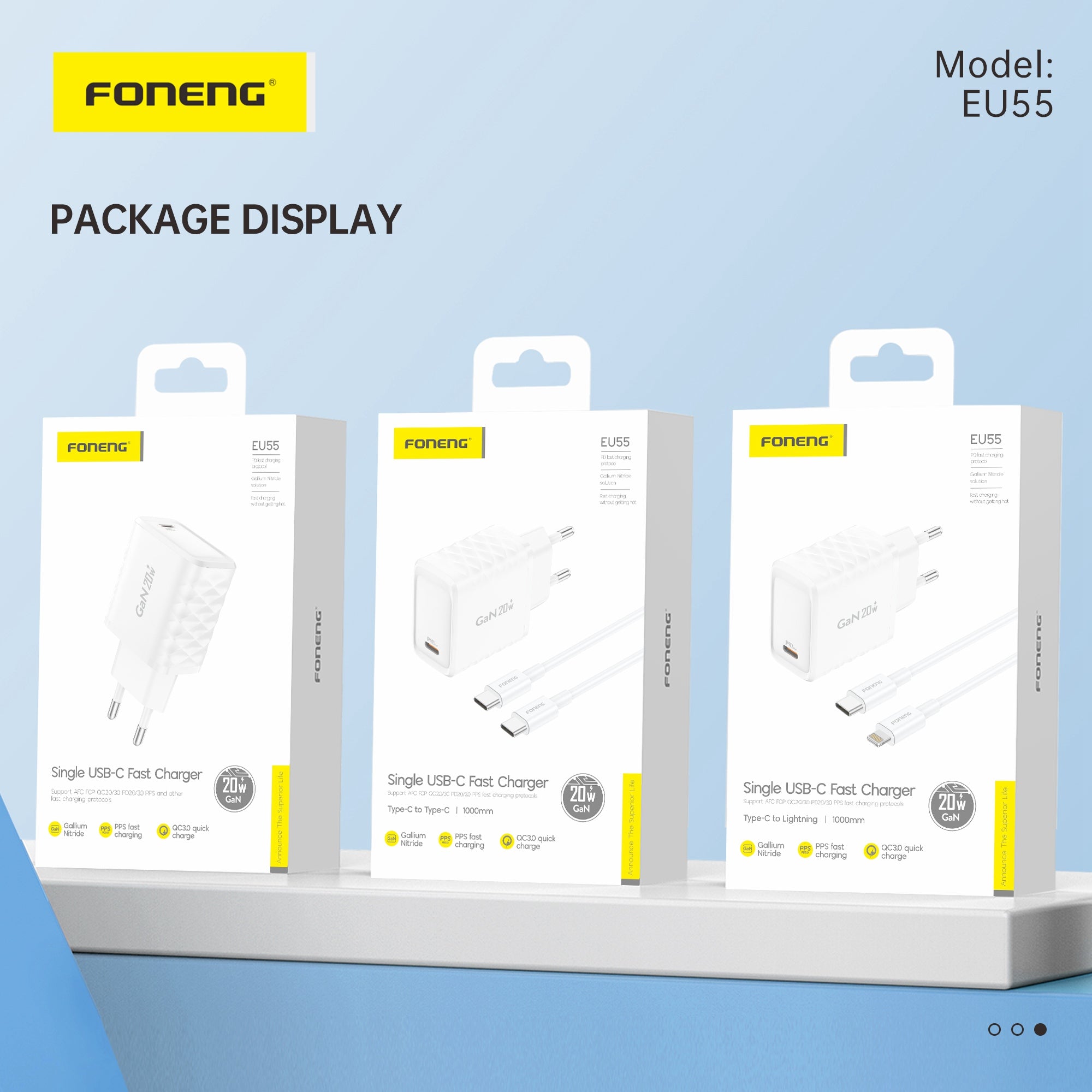 Chargeur GaN USB-C EU55 (PD20W)(Tc To/  Ip/ Tc To  Tc)