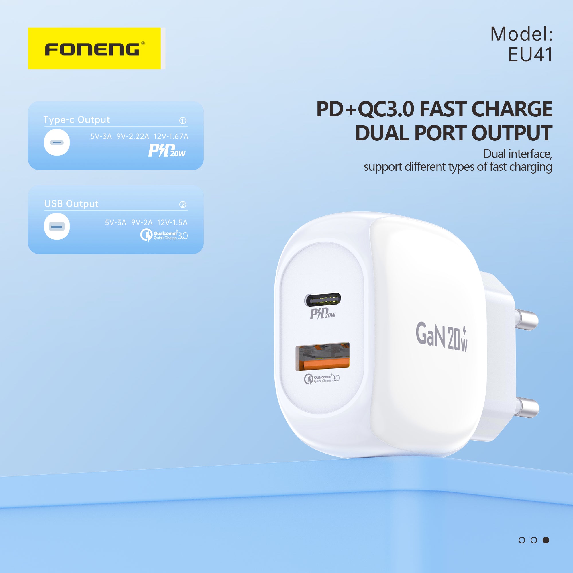 Chargeur GaN EU41 A+C 2 ports (20 W) (TC TO TC)